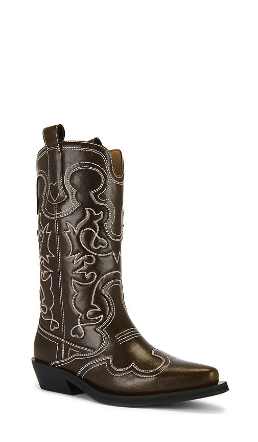 Ganni Mid Shaft Embroidered Western Boot in Brown