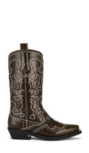 Ganni Mid Shaft Embroidered Western Boot in Brown | Dark Olive & Egret Heeled Boots for Women