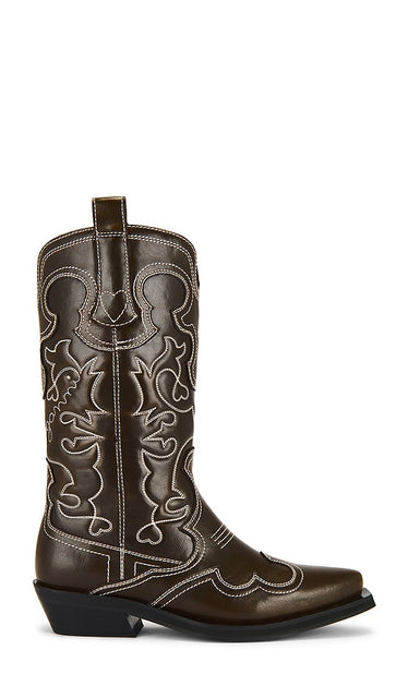 Ganni Mid Shaft Embroidered Western Boot in Brown | Dark Olive & Egret Heeled Boots for Women
