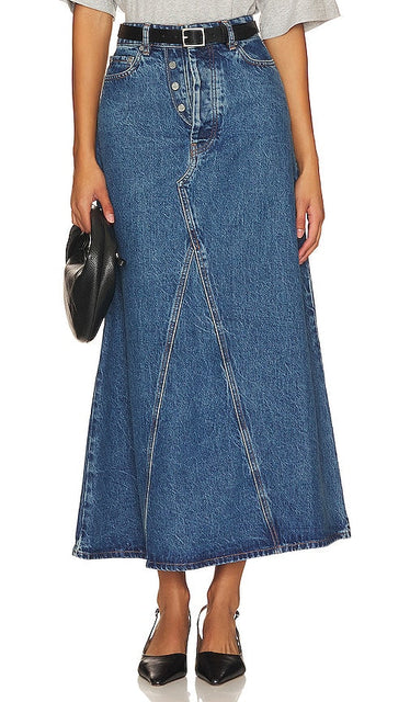 Ganni Overdyed Double Fly Maxi Skirt in Blue - Jupe longue surteinte à double braguette Ganni en bleu - Ganni 蓝色套染双门襟超长半身裙 - Ganni überfärbter Double-Fly-Maxirock in Blau - Ganni Overdyed 더블 플라이 맥시 스커트블루 색상 - Gonna lunga Ganni sovratinta con doppia patta in blu