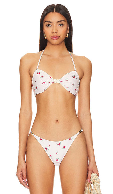 Ganni Recycled Printed Emblem Bandeau Bikini Top in Cream - Haut de bikini bandeau imprimé emblème recyclé Ganni en crème - Ganni 奶油色再生印花徽章抹胸式比基尼上衣 - Ganni Bandeau-Bikinioberteil aus recyceltem, bedrucktem Emblem in Creme - Ganni Recycled 프린트 엠블럼 반두 비키니 탑 (크림색) - Top bikini a fascia con stemma stampato riciclato Ganni in crema