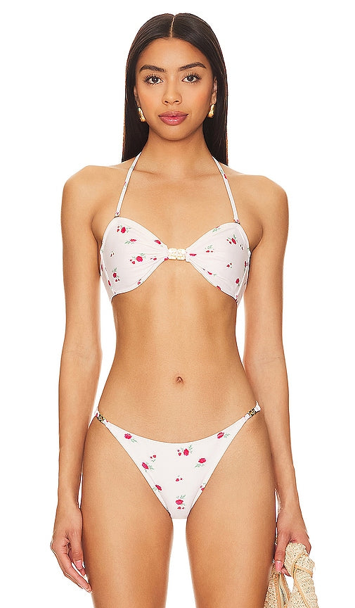Ganni Recycled Printed Emblem Bandeau Bikini Top in Cream - Haut de bikini bandeau imprimé emblème recyclé Ganni en crème - Ganni 奶油色再生印花徽章抹胸式比基尼上衣 - Ganni Bandeau-Bikinioberteil aus recyceltem, bedrucktem Emblem in Creme - Ganni Recycled 프린트 엠블럼 반두 비키니 탑 (크림색) - Top bikini a fascia con stemma stampato riciclato Ganni in crema