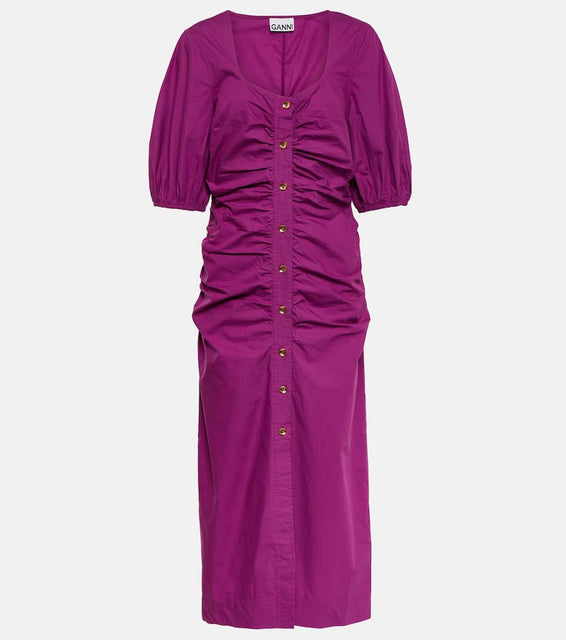 Ganni Ruched cotton poplin midi dress