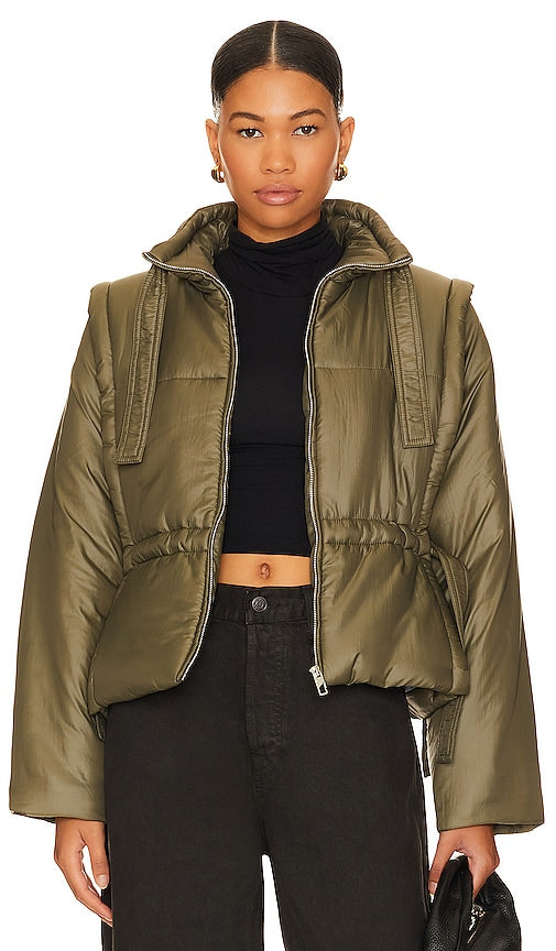 Ganni Shiny Quilt Vest Jacket in Olive