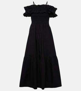 Ganni Shirred cotton poplin midi dress