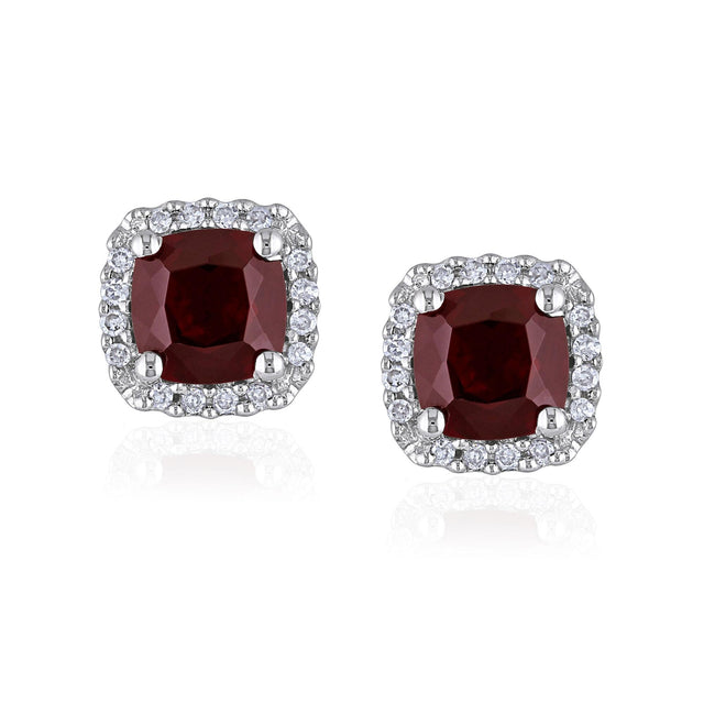 Garnet Diamond Halo White Gold Earrings 1/10ctw