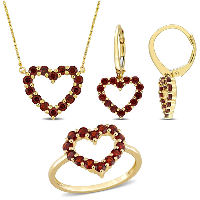 Garnet Heart Yellow Gold Earrings, Necklace, and Ring Gift Set - Size 5