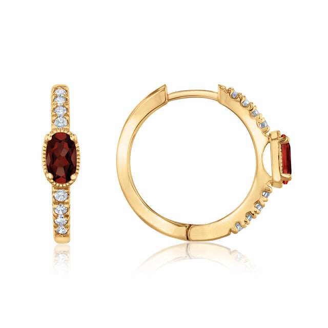Garnet and 1/6ctw Diamond Yellow Gold Huggie Hoop Earrings