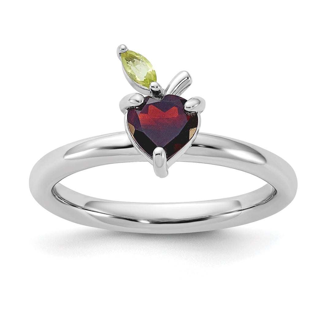 Garnet and Peridot Apple Sterling Silver Stackable Ring - Size 10