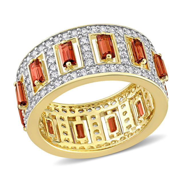 Garnet and White Topaz Yellow Gold-Tone Sterling Silver Eternity Ring - Size 5