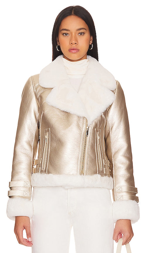 Generation Love Dion Faux Fur Moto Jacket in Metallic Gold