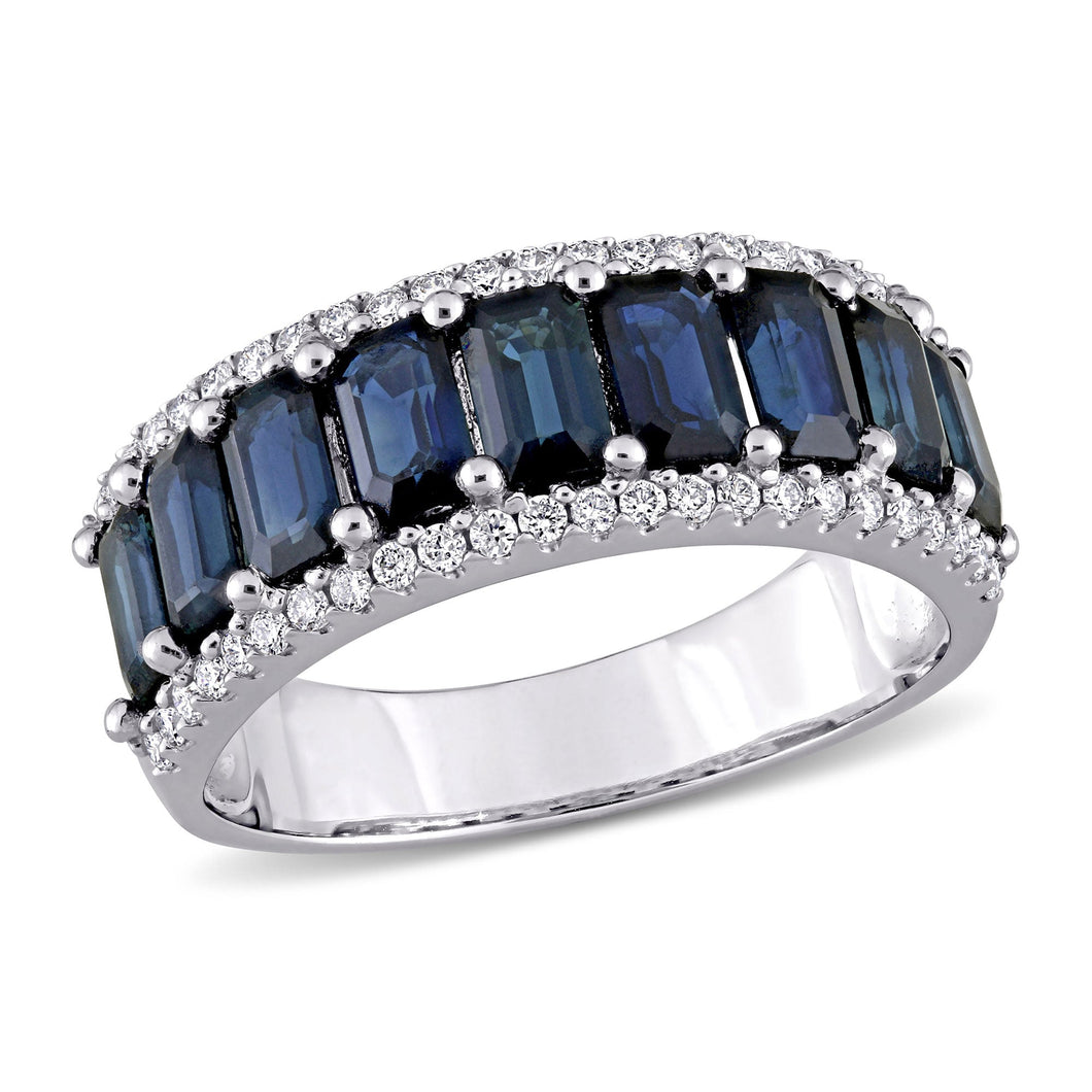 Genuine Blue Sapphire and 1/4ctw Diamond White Gold Anniversary Ring - Size 5
