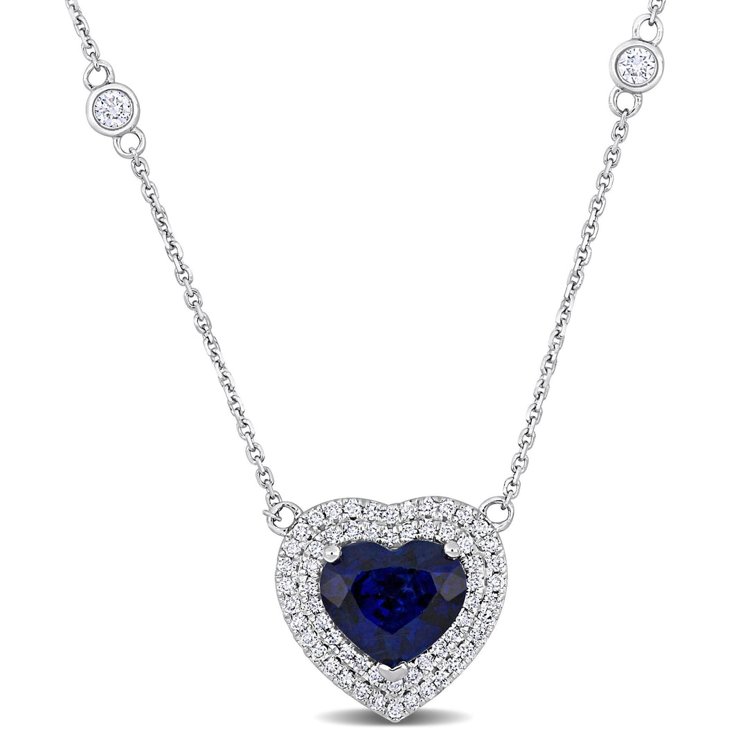 Genuine Blue Sapphire and 3/8ctw Diamond Double Halo Heart White Gold Pendant Necklace