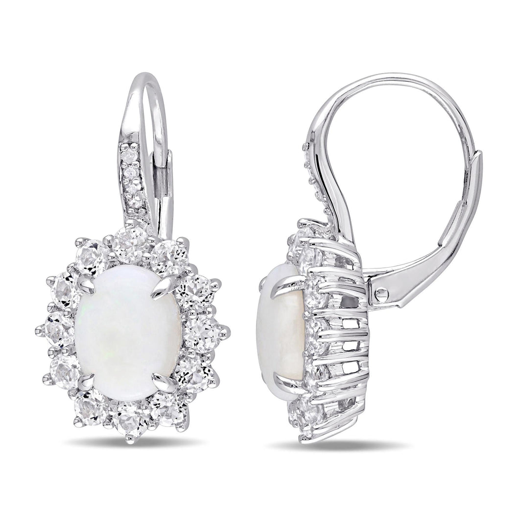 Genuine Opal, White Topaz and Diamond Halo Leverback Earrings in Sterling Silver 1/20ctw