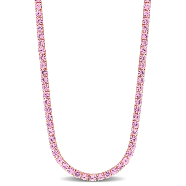 Genuine Round Pink Sapphire Rose Gold Tennis Necklace