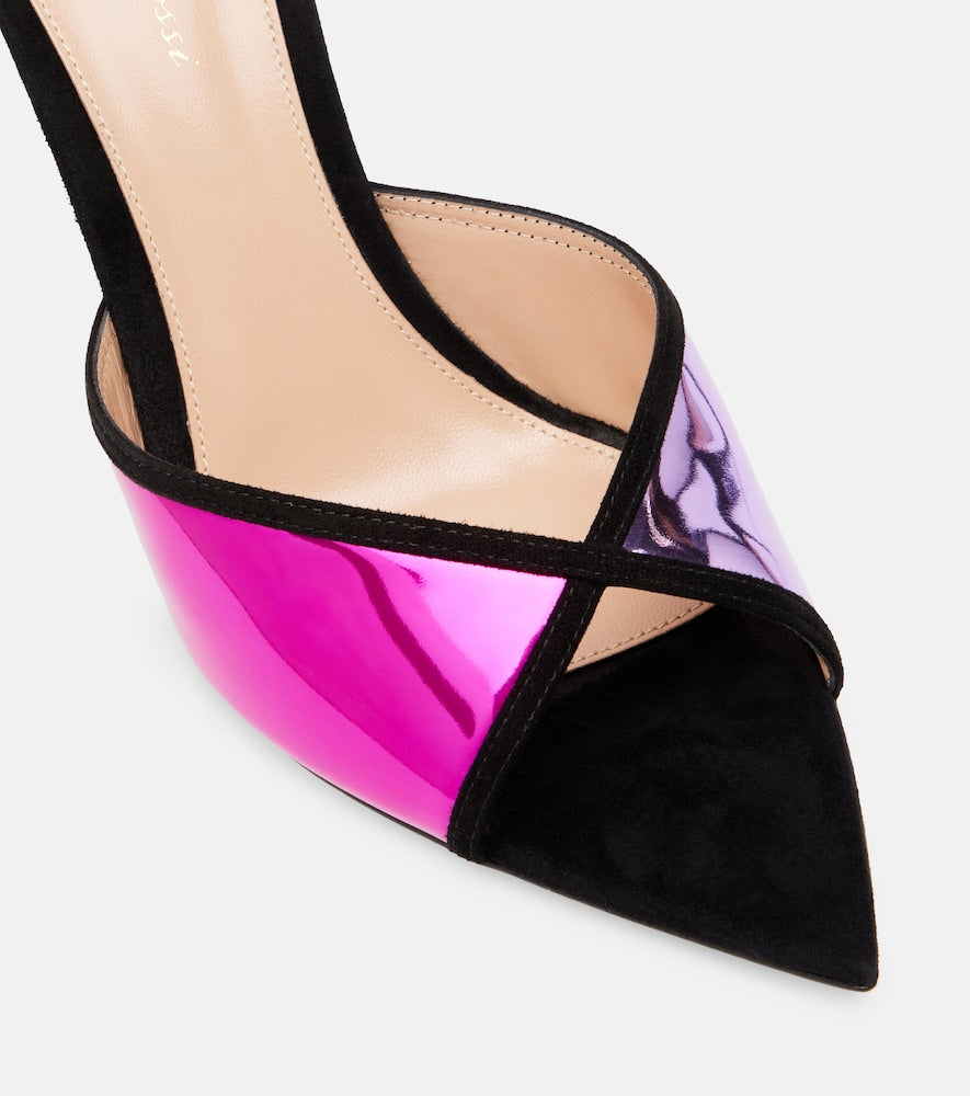 Gianvito Rossi Confetti suede-trimmed metallic leather mules