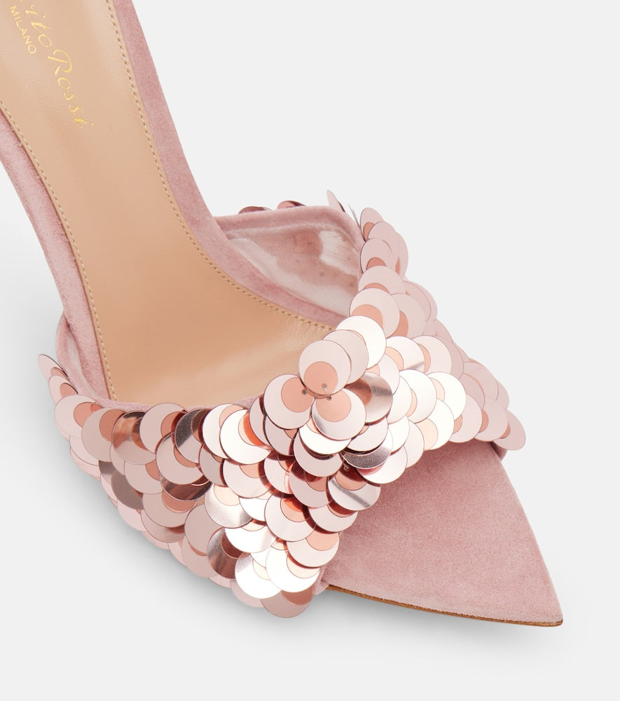 Gianvito Rossi Elle sequined suede-trimmed mesh mules