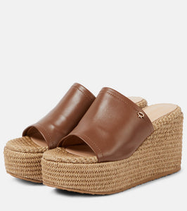 Gianvito Rossi Leather and raffia wedge mules