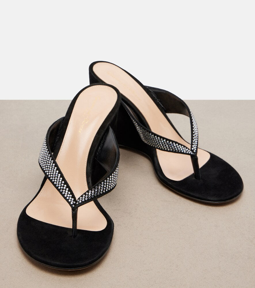 Black Gianvito Rossi Crystal-embellished suede wedge thong sandals - Mid Heel Sandals