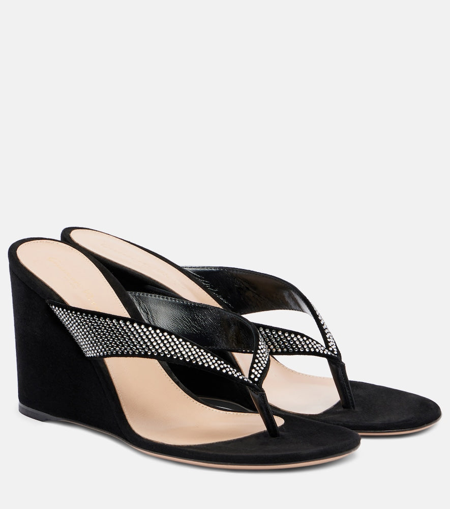 Black Gianvito Rossi Crystal-embellished suede wedge thong sandals - Mid Heel Sandals