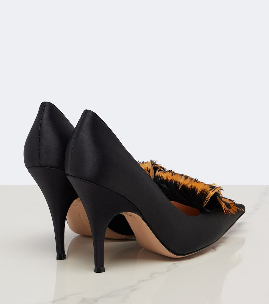 Black Gianvito Rossi Feather-trimmed satin pumps - High-Heel Pumps