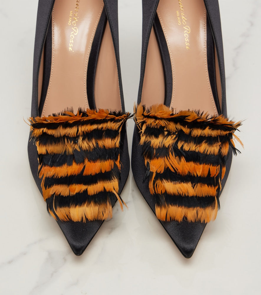 Black Gianvito Rossi Feather-trimmed satin pumps - High-Heel Pumps