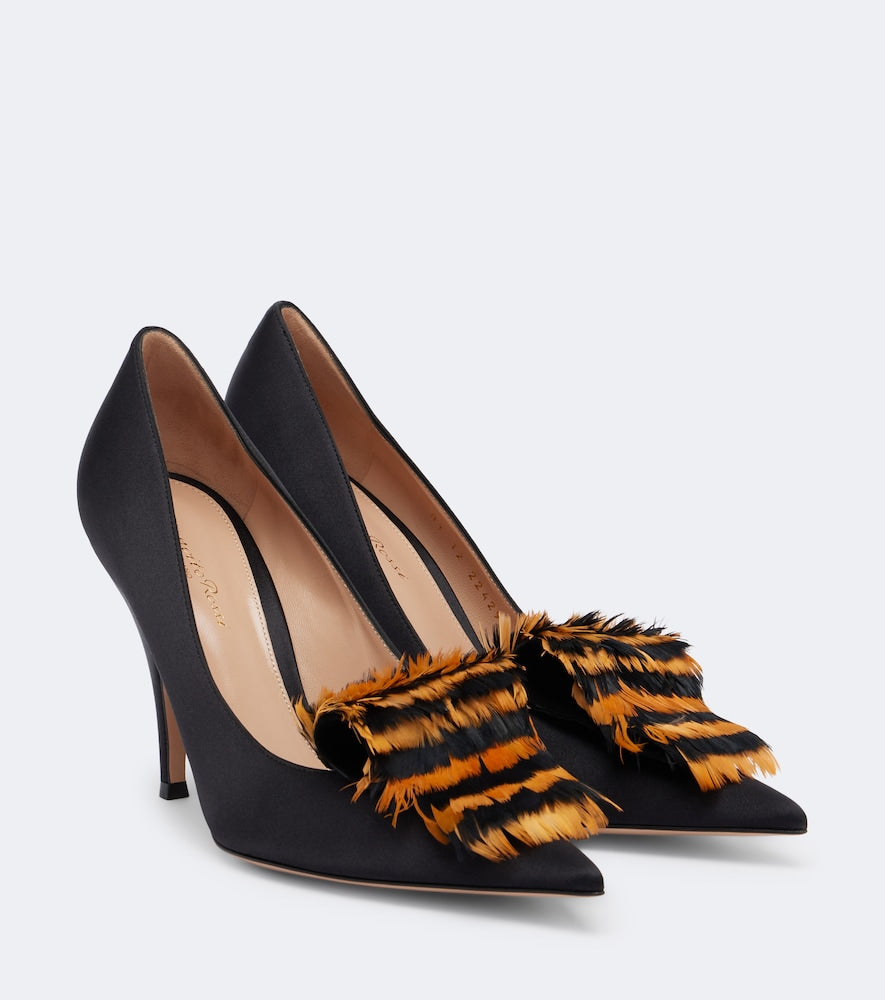 Black Gianvito Rossi Feather-trimmed satin pumps - High-Heel Pumps