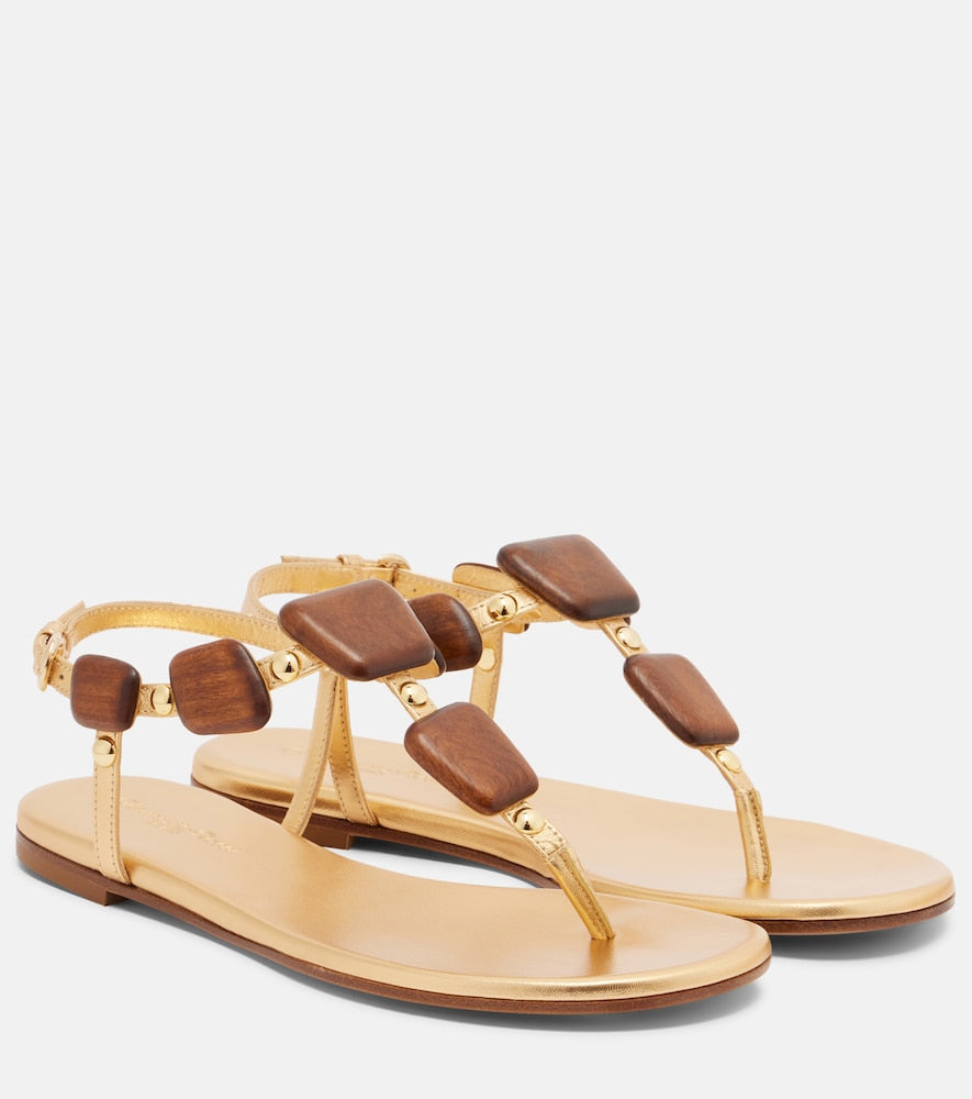 Gianvito Rossi Munduk embellished leather thong sandals (Gold) - Flat Sandals