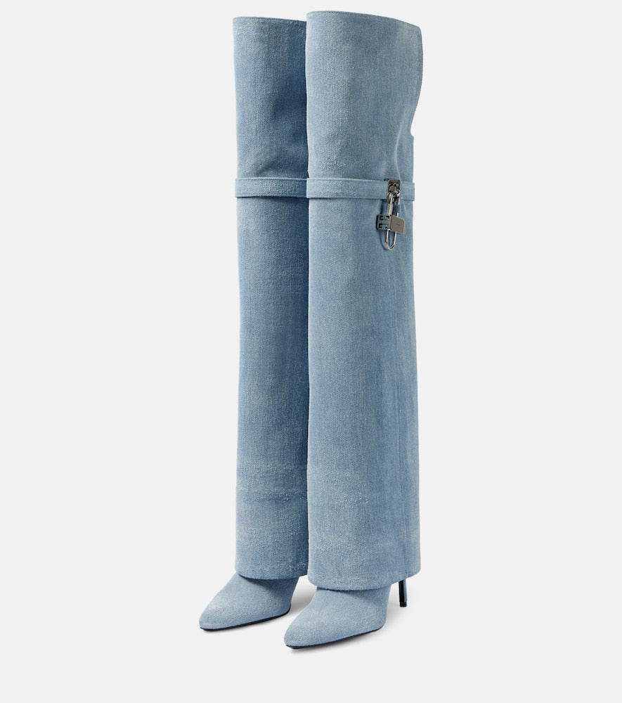 Givenchy Shark Lock Stiletto denim over-the-knee boots