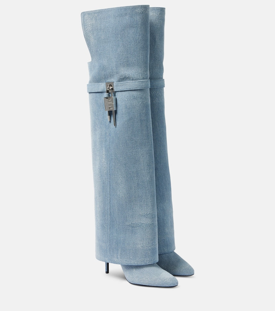 Givenchy Shark Lock Stiletto denim over-the-knee boots