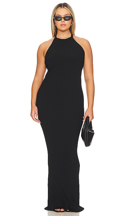 Good American Shine Rib Halter Maxi in Black