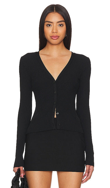 Good American Shine Rib V-neck Cardi in Black - Good American Shine - Cardi côtelé à col en V en noir - Good American Shine 黑色罗纹 V 领开衫 - Good American Shine Rib Cardigan mit V-Ausschnitt in Schwarz - Good American 샤인 립 브이넥 가디건 블랙 색상 - Buon cardigan con scollo a V a costine americane lucide in nero