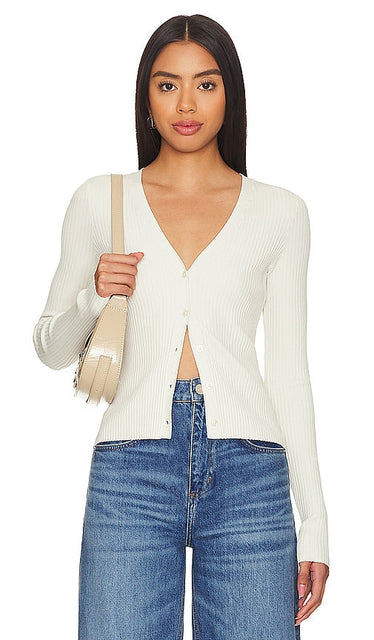 Good American Shine Rib V-neck Cardi in White - Good American Shine - Cardi côtelé à col en V en blanc - Good American Shine 白色罗纹 V 领开衫 - Good American Shine Rib Cardigan mit V-Ausschnitt in Weiß - 굿 아메리칸 샤인립 브이넥 가디건 화이트 색상 - Buon cardigan con scollo a V a costine americane lucide in bianco