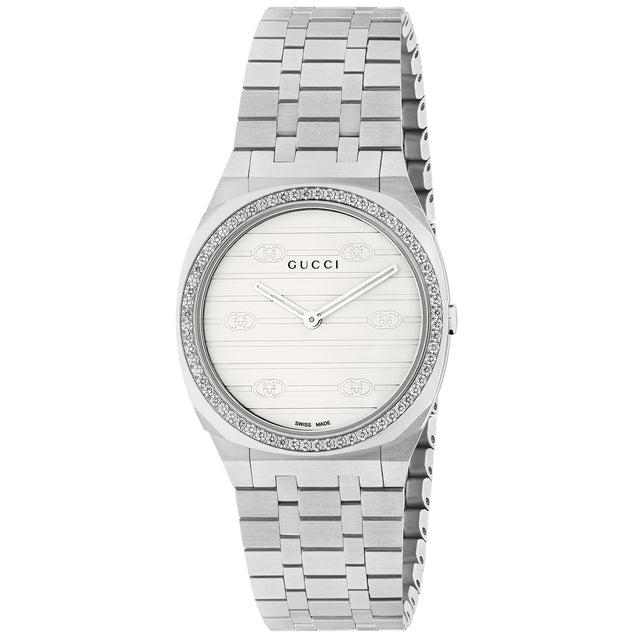 Gucci 25H Diamond Bezel and Stainless Steel Bracelet Watch | 30mm | YA163503