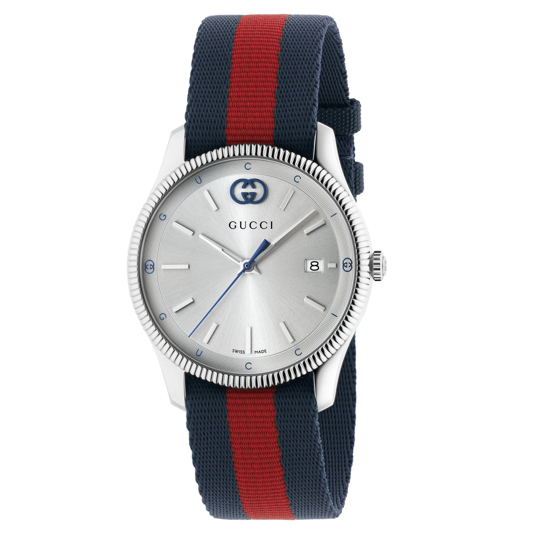 Gucci G-Timeless Silver Dial Blue and Red Nylon Strap Watch 38mm - YA1264237