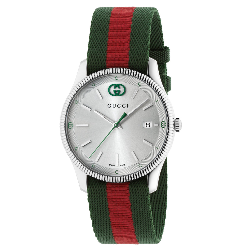 Gucci G-Timeless Silver Dial Green and Red Nylon Strap Watch 38mm - YA1264236