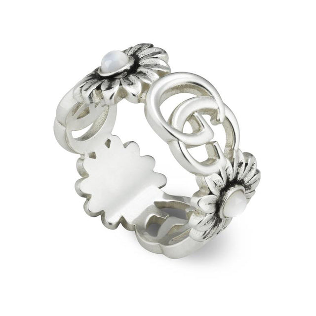 Gucci GG Marmont Mother of Pearl 10mm Sterling Silver Ring - Size 7.25