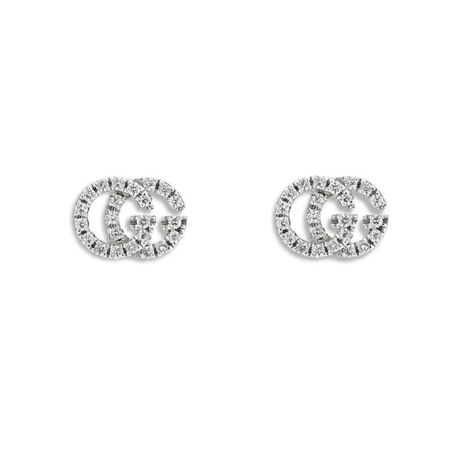 Gucci GG Running White Gold Diamond Pave Stud Earrings 1/10ctw