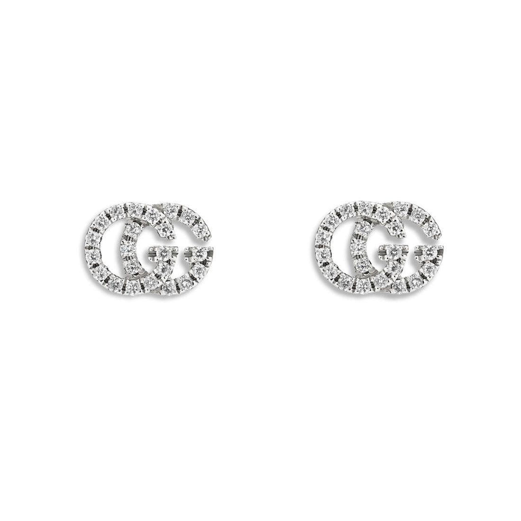 Gucci GG Running White Gold Diamond Pave Stud Earrings 1/10ctw