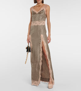 Gucci GG Supreme lace-trimmed silk maxi dress