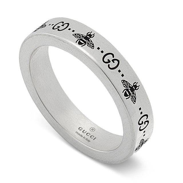 Gucci GG and Bee Engraved Sterling Silver Thin Ring | 4mm | 6.75