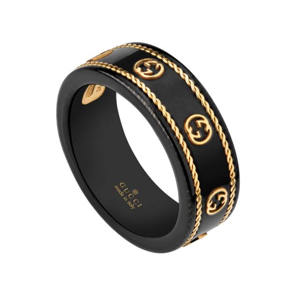Gucci Icon Interlocking G Black Synthetic Corundum and Yellow Gold Band - Size 7.25