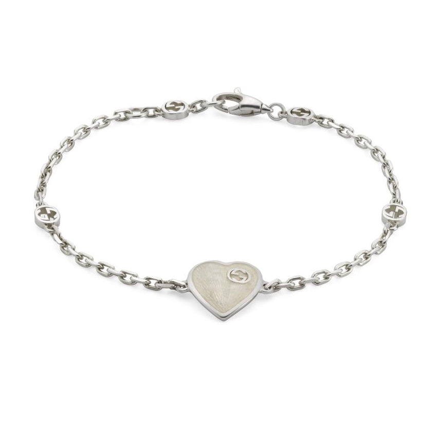Gucci Interlocking G White Enamel Heart Sterling Silver Bracelet - 7 Inches