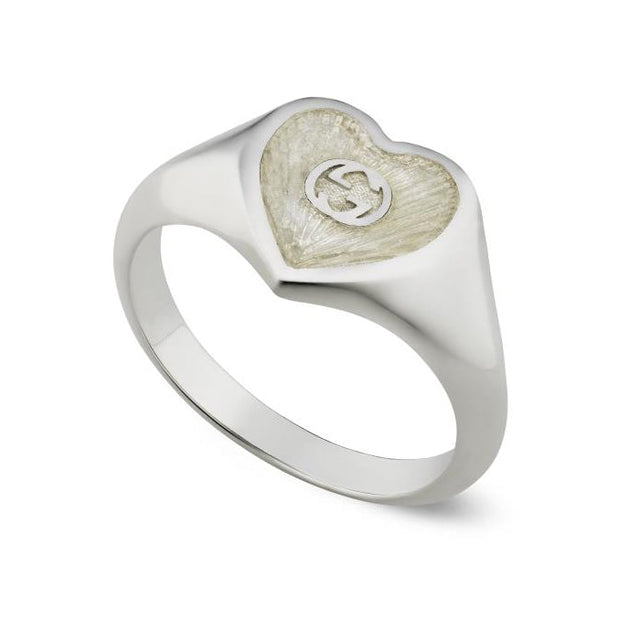Gucci Interlocking G White Enamel Heart Sterling Silver Ring - Size 7.25