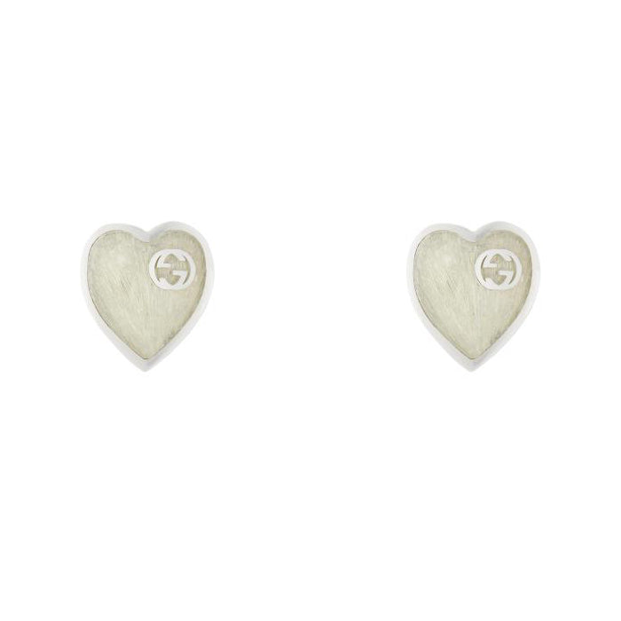 Gucci Interlocking White Enamel Heart Sterling Silver Stud Earrings