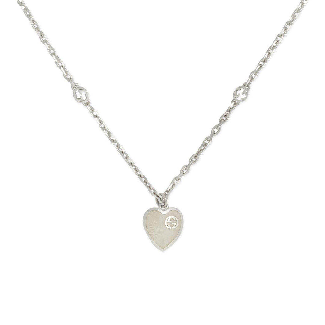 Gucci Interlocking White Enamel Sterling Silver Heart Pendant Necklace