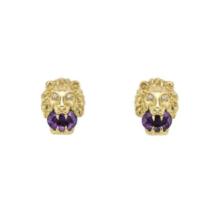 Gucci Lion Head and Diamond Amethyst Stud Earrings