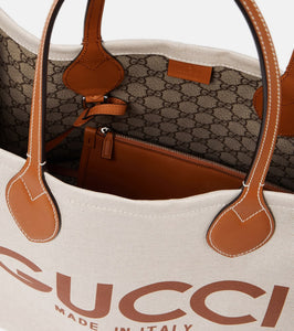 Gucci Medium logo leather-trimmed canvas tote bag