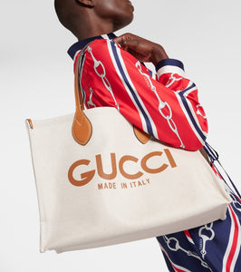 Gucci Medium logo leather-trimmed canvas tote bag