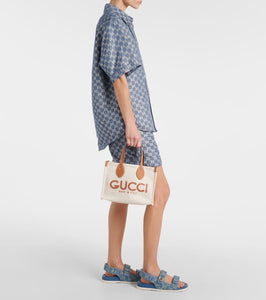 Gucci Mini logo leather-trimmed canvas tote bag